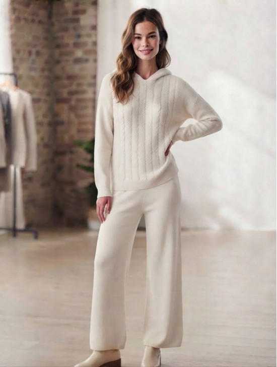 Solid Color Knitted Hooded Sweater and Pants Set